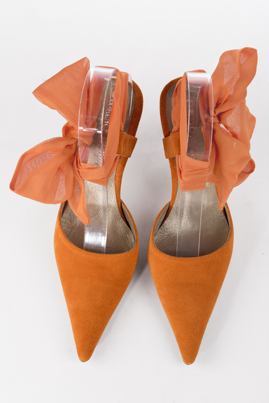 Apricot orange women's open back shoes, with an ankle scarf. Pointed toe. High slim heel. Top view - Florence KOOIJMAN